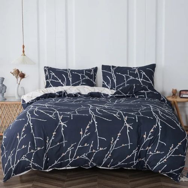 Deals For Less Luna Home 6-Piece Twig Design Bedding Set Whitout Filling, 1 Duvet Cover + 1 Fitted Sheet + 4 Pillow Cases, King, Navy Blue