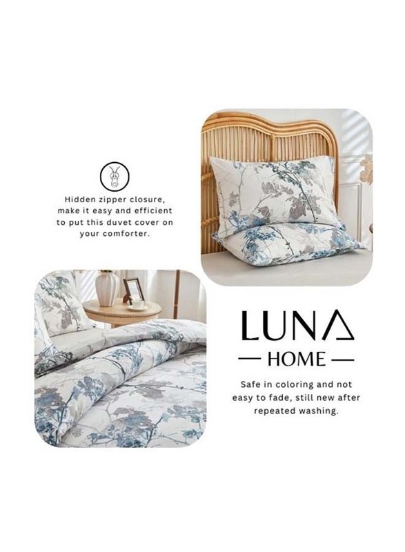 Luna Home 6-Piece Duvet Cover Set, 1 Duvet Cover + 1 Fitted Sheet + 4 Pillow Covers, Tree with Blue and Grey Leaves Details, Queen, Multicolour