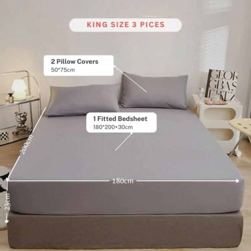 Luna Home 3-Piece Fitted Sheet Set, 1 Fitted Sheet + 2 Pillow Covers, King, Grey