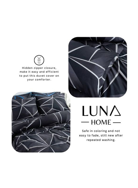 Deals For Less Luna Home 4-Piece Geometric Design Duvet Cover Set, 1 Duvet Cover + 1 Fitted Sheet + 2 Pillow Covers, Single, Black/Grey