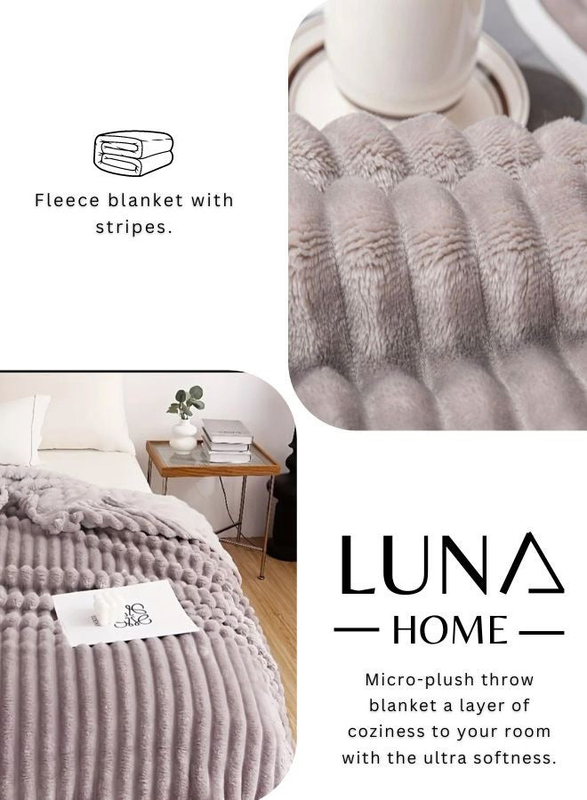 Luna Home 1-Piece Throw Striped Fleece Blanket Super Soft, Light Grey, One Size