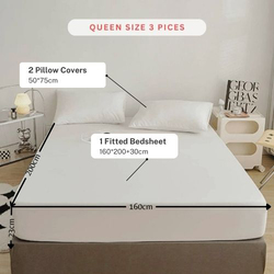 Luna Home 3-Piece Fitted Sheet Set, 1 Fitted Sheet + 2 Pillow Covers, Queen, White