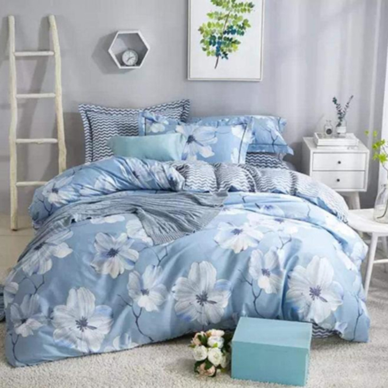 Deals For Less 6-Piece Big Floral Design Bedding Set, 1 Duvet Cover + 1 Flat Bedsheet + 4 Pillow Covers, Blue, Queen/Double