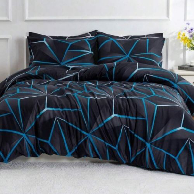 Deals For Less Luna Home 6-Piece Geometric Design Duvet Cover Set, 1 Duvet Cover + 1 Fitted Sheet + 4 Pillow Covers, King, Black/Blue