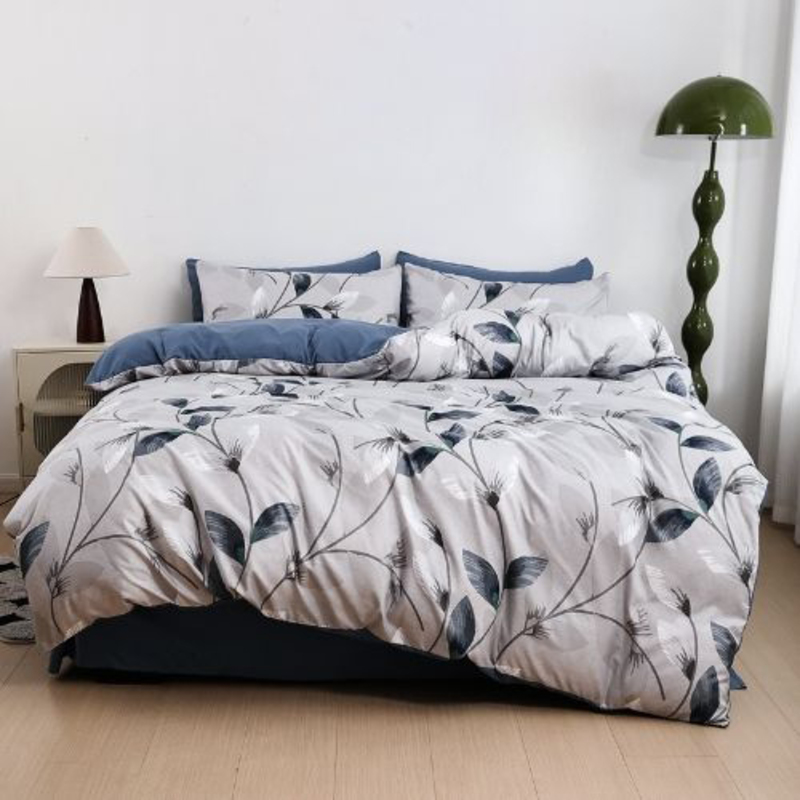 Luna Home 6-Piece Leaf Print Bedding Set, 1 Duvet Cover + 1 Fitted Bedsheet + 4 Pillow Covers, Grey, Queen Size