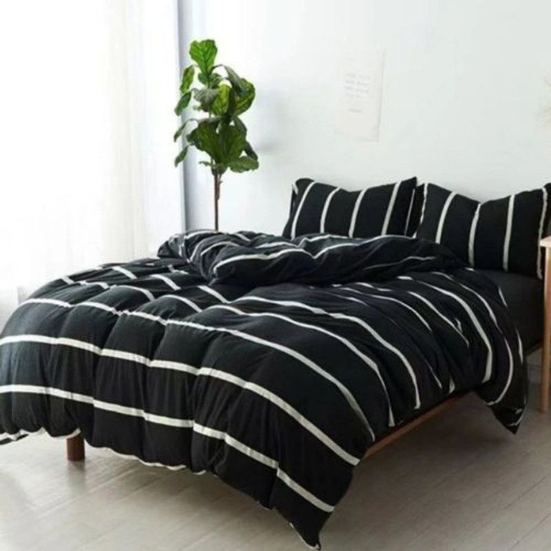 Deals For Less Luna Home 4-Piece Stripe Design Duvet Cover Set, 1 Duvet Cover + 1 Fitted Sheet + 2 Pillow Cases, Single, Black/White