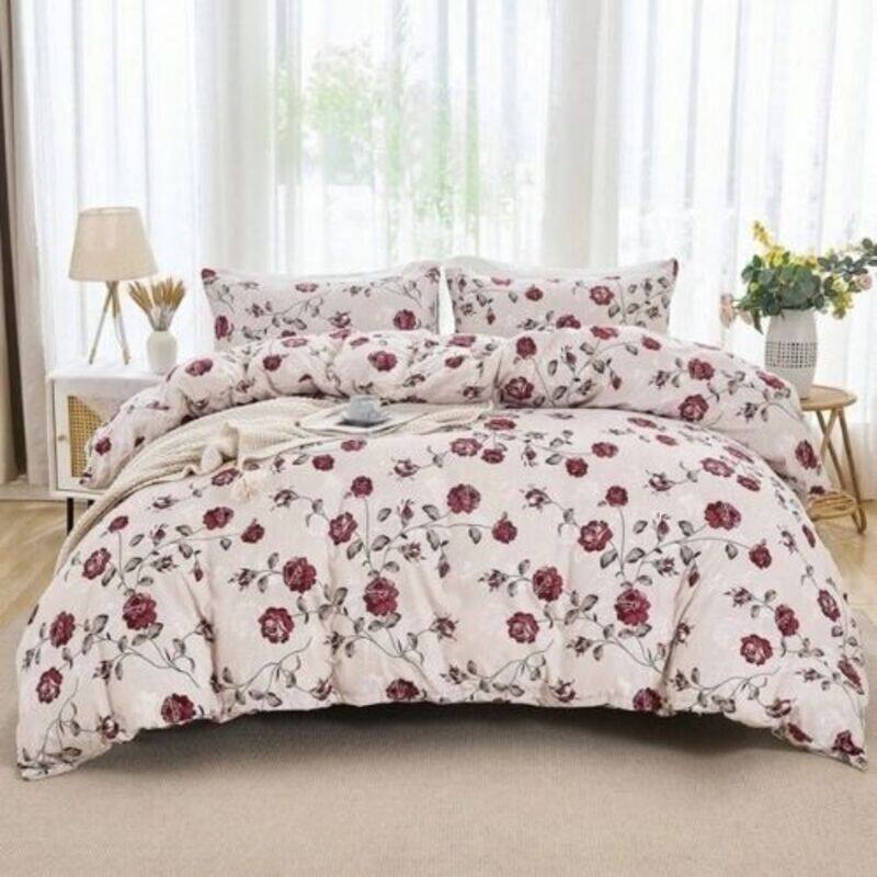 

LUNA Home-Queen size 6-piece duvet cover set beige with vintage red rose print