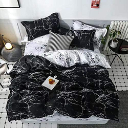 ديلز فور ليس طقم سرير من 4 قطع بتصميم رخامي، 1 غطاء لحاف + 1 شرشف بمطاط + 2 غطاء وسادة، أسود، مفرد