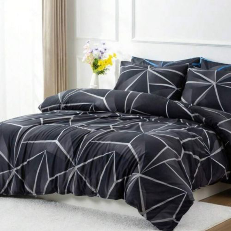 Deals For Less Luna Home 4-Piece Geometric Design Duvet Cover Set, 1 Duvet Cover + 1 Fitted Sheet + 2 Pillow Covers, Single, Black/Grey