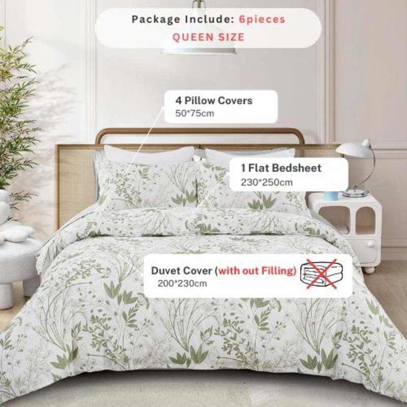 Deals For Less Luna Home 6-Piece Green Plant Leaf Design Duvet Cover Set, 1 Duvet Cover + 1 Flat Sheet + 4 Pillow Cases, Queen, Green