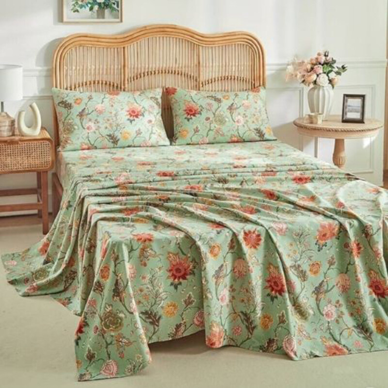

Luna Home 4-Piece Floral Design Bedsheet Set, 1 Fitted Sheet + 1 Flat Sheet + 2 Pillow Cases, Multicolour