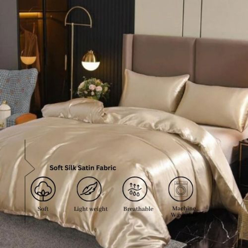 Deals For Less Luna Home 6-Piece Plain Bedding Set, 1 Duvet Cover + 1 Fitted Sheet + 4 Pillow Cases, Silky Satin, King Size, Beige