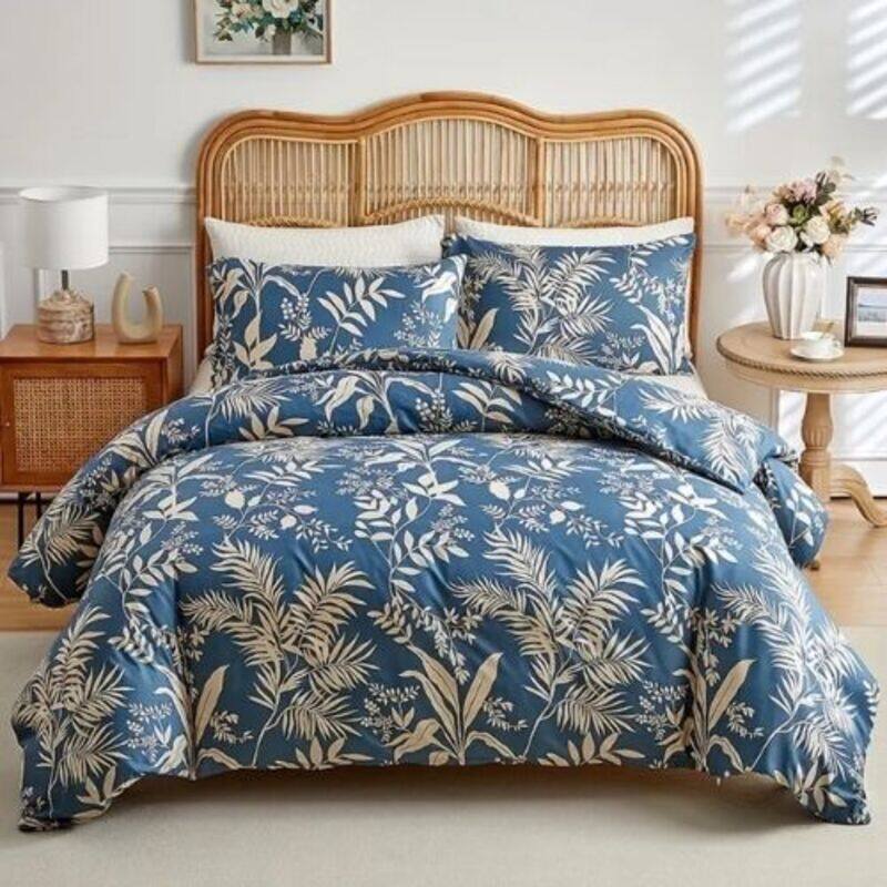 

LUNA Home-King size 6-piece blue with beige leaf style duvet cover set