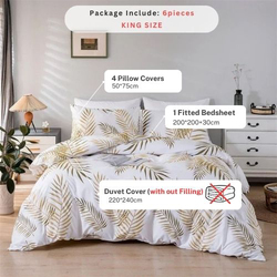 Deals For Less Luna Home 6-Piece Tropical Leaves Design Duvet Cover Set, 1 Duvet Cover + 1 Fitted Sheet + 4 Pillow Cases, King, White