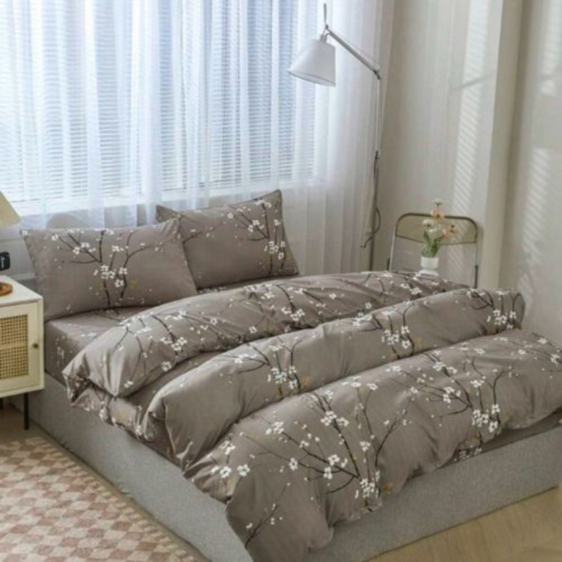 Deals For Less Luna Home 6-Piece Plum Blossom Branch Flower Design Duvet Cover Set, 1 Duvet Cover + 1 Flat Sheet + 4 Pillow Cases, Queen, Grey