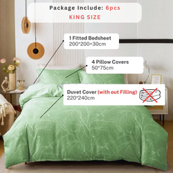 Luna Home 6-Piece Without Filler, Twigs Design Bedding Set, 1 Duvet Cover + 1 Flat Bedsheet + 4 Pillow Covers, Green, King Size