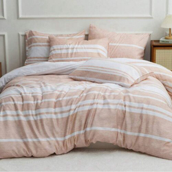 Deals For Less Luna Home 4-Piece Stripe Design Duvet Cover Set, 1 Duvet Cover + 1 Fitted Sheet + 2 Pillow Cases, Single Size, Coral