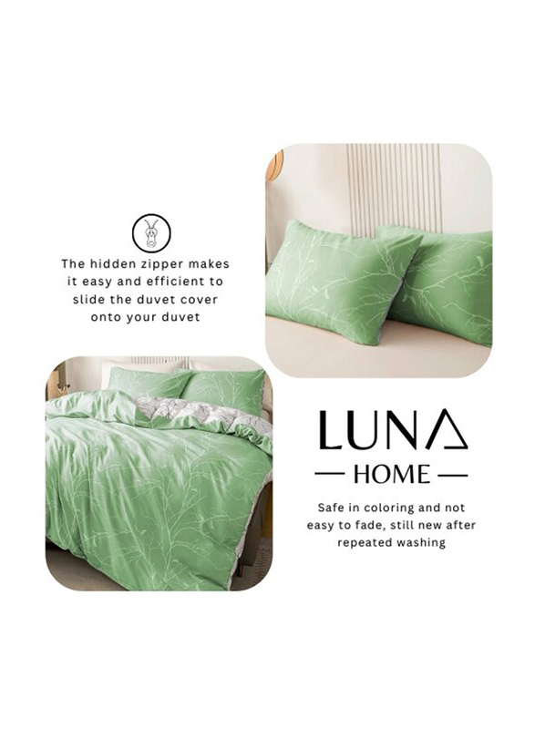 Luna Home 6-Piece Without Filler, Twigs Design Bedding Set, 1 Duvet Cover + 1 Flat Bedsheet + 4 Pillow Covers, Green, Queen Size