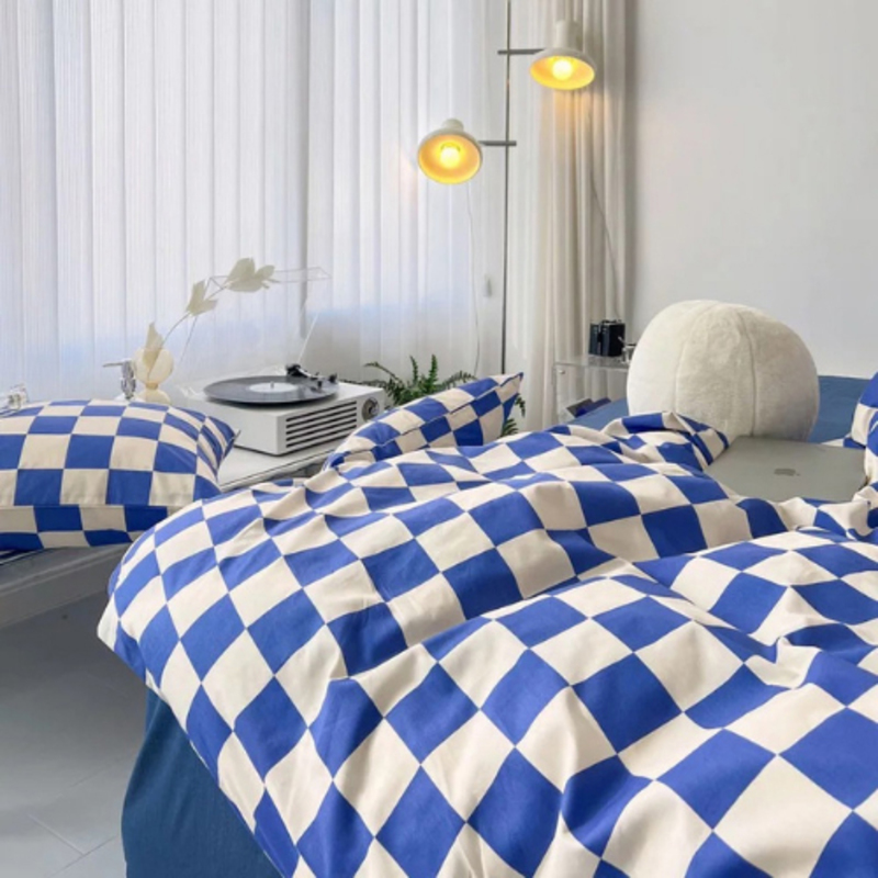 Luna Home 4-Piece Checkered Design without Filler Bedding Set, 1 Duvet Cover + 1 Flat sheet + 2 Pillow Covers, Single, Blue/White