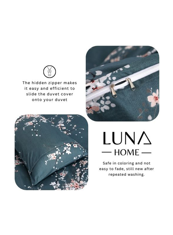 Luna Home 6-Piece Aqua Green Plum Blossom Print Bedding Set, 1 Duvet Cover + 1 Fitted Bedsheet + 4 Pillow Covers, Grey, King Size