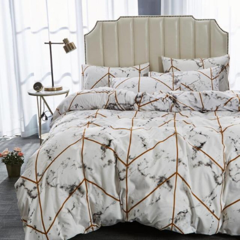 Deals For Less 6-Piece Beautiful Marble Design Bedding Set, 1 Duvet Cover + 1 Flat Bedsheet + 4 Pillow Covers, White, Queen/Double