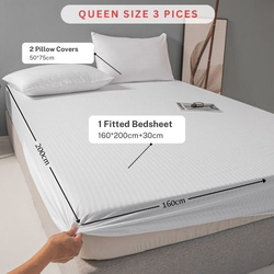 Luna Home 3-Piece Fitted Sheet Set, 1 Fitted Sheet + 2 Pillow Covers, Queen, White