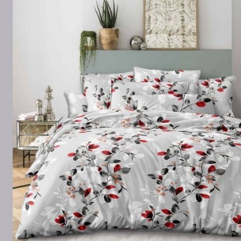

LUNA Home-Queen size 6-piece modern duvet cover set with red leaf pattern.