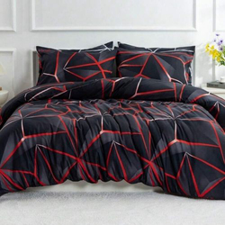Deals For Less Luna Home 6-Piece Geometric Design Duvet Cover Set, 1 Duvet Cover + 1 Flat Sheet + 4 Pillow Covers, Queen, Black/Red