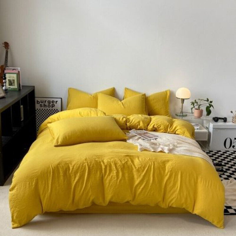 

Luna Home LUNAHOME- 4-Piece Bedsheet Set, 1 Duvet Cover + 1 Fitted Sheet + 2 Pillow Cases, Single, Yellow