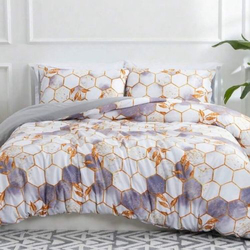 Deals For Less Luna Home 6-Piece Marble Design Duvet Cover Set, 1 Duvet Cover + 1 Fitted Sheet + 4 Pillow Covers, King, White/Purple