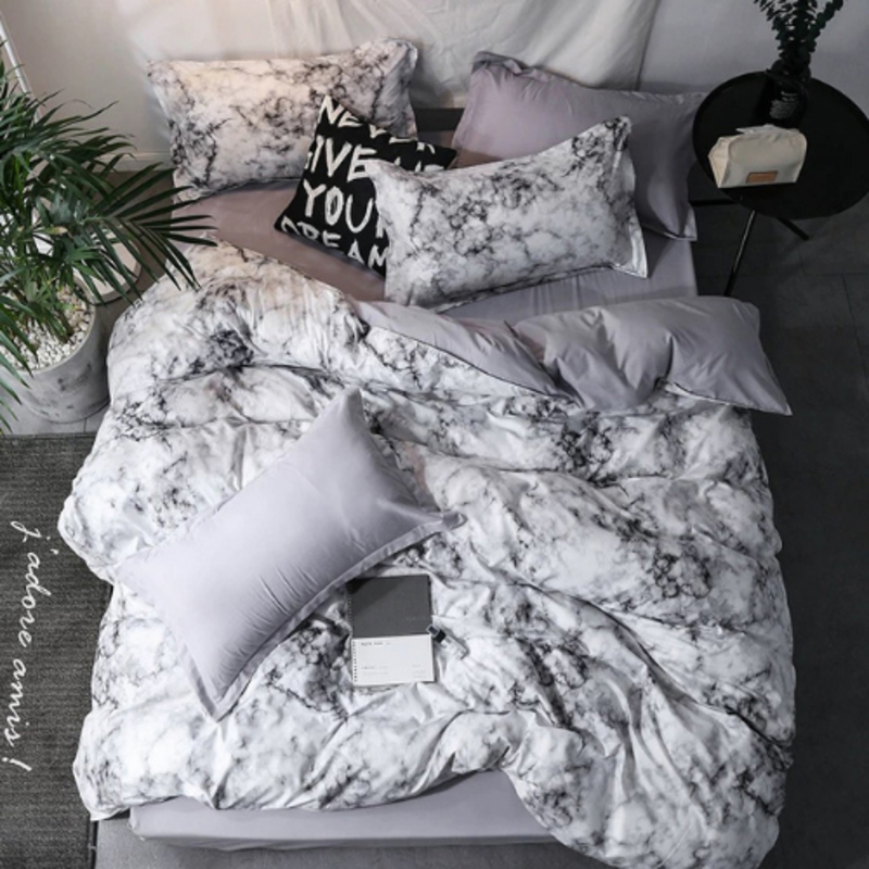 Luna Home 6-Piece Marble Design Bedding Set without Filler, 1 Duvet Cover + 1 Flat Sheet + 4 Pillow Cases, Queen/Double, Grey