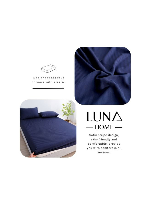 Luna Home 3-Piece Fitted Sheet Set, 1 Fitted Sheet + 2 Pillow Covers, Single, Dark Blue