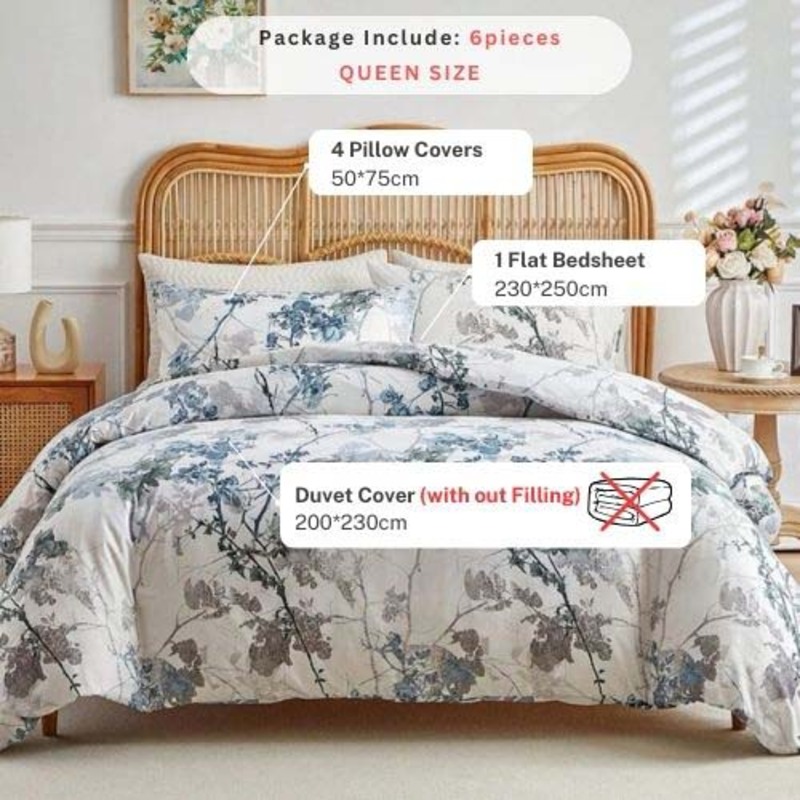 Luna Home 6-Piece Duvet Cover Set, 1 Duvet Cover + 1 Fitted Sheet + 4 Pillow Covers, Tree with Blue and Grey Leaves Details, Queen, Multicolour