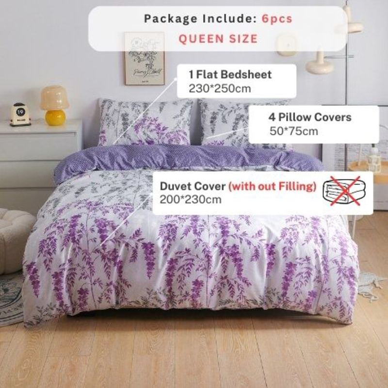 Luna Home 6-Piece Wisteria Design Bedding Set, 1 Duvet Cover + 1 Fitted Bedsheet + 4 Pillow Covers, White/Purple, Queen Size