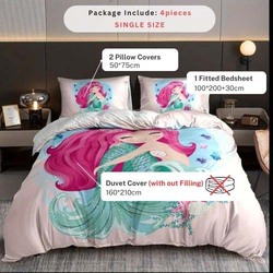 Luna Home 4-Piece Bedding Set, 1 Duvet Cover + 1 Fitted Sheet + 2 Pillow Cases, 3D Mermaid Design, Single, Pink