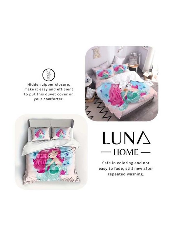 Luna Home 4-Piece Bedding Set, 1 Duvet Cover + 1 Fitted Sheet + 2 Pillow Cases, 3D Mermaid Design, Single, Pink