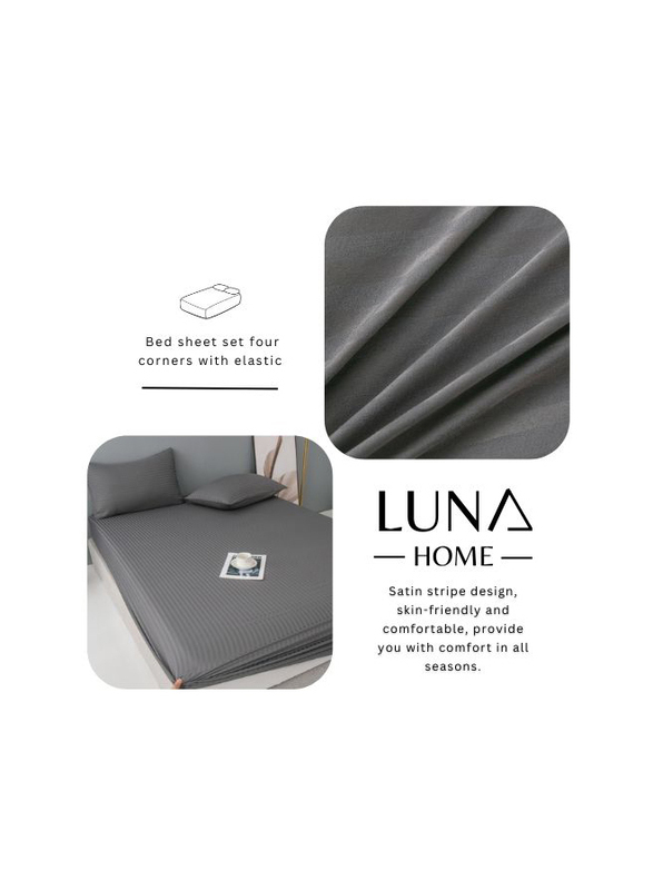 Luna Home 3-Piece Fitted Sheet Set, 1 Fitted Sheet + 2 Pillow Covers, King, Dark Grey