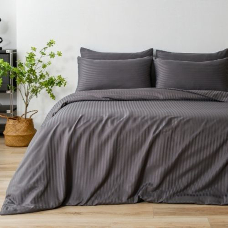 Deals For Less Luna Home 6-Piece Stripe Design Bedding Set without Filler, 1 Duvet Cover + 1 Fitted Sheet + 4 Pillow Cases, King Size, Dark Grey