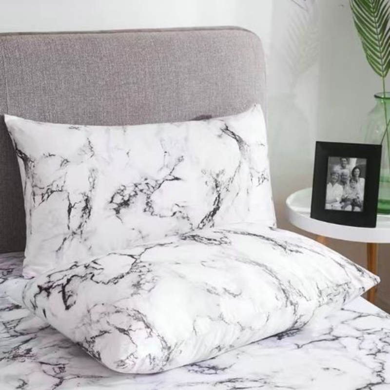 Luna Home 4-Piece Marble Design Bedding Set, 1 Duvet Cover + 1 Fitted Bedsheet + 2 Pillow Covers, White/Black, Single Size