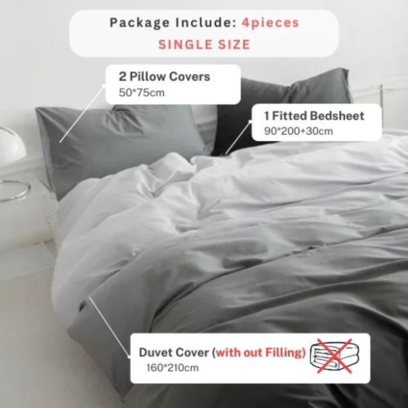 Luna Home 4-Piece Duvet Cover Set, 1 Duvet Cover + 1 Fitted Sheet + 2 Pillow Covers, Single, Ombre Dark Grey