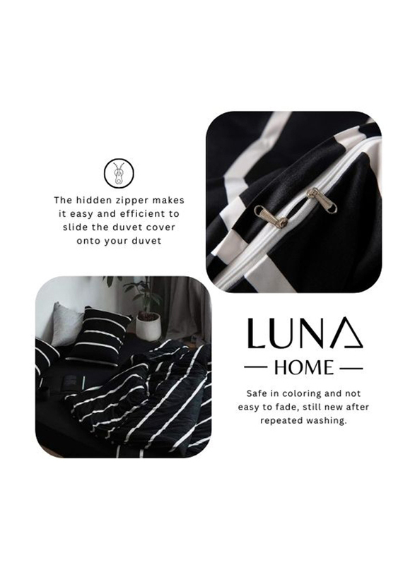 Deals For Less Luna Home 6-Piece Stripe Design Duvet Cover Set, 1 Duvet Cover + 1 Fitted Sheet + 4 Pillow Cases, Queen, Black/White