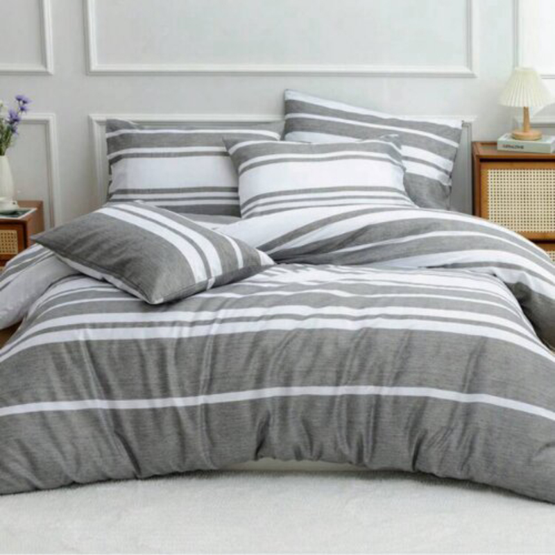 Deals For Less Luna Home 4-Piece Stripe Design Bedding Set, 1 Duvet Cover + 1 Fitted Sheet + 2 Pillow Cases, Single Size, Grey