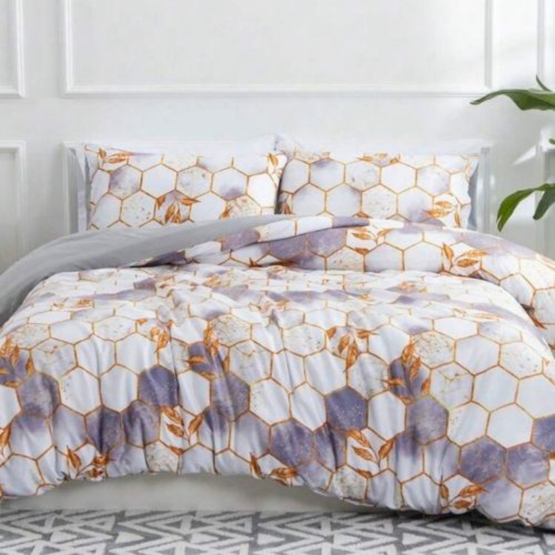 Deals For Less Luna Home 4-Piece Marble Design Duvet Cover Set, 1 Duvet Cover + 1 Fitted Sheet + 2 Pillow Covers, Single, White/Purple