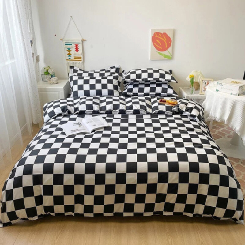 

Luna Home 6-Piece Checkered Design without Filler Bedding Set, 1 Duvet Cover + 1 Flat sheet + 4 Pillow Covers, Double/Queen, Black/White