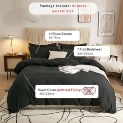 Luna Home 6-Piece Duvet Cover Set, 1 Duvet Cover + 1 Fiat Sheet + 4 Pillow Covers, Queen, Black