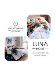 Luna Home 4-Piece Bedding Set, 1 Duvet Cover + 1 Fitted Sheet + 2 Pillow Cases, 3D Gaming Remote Details, Single, White