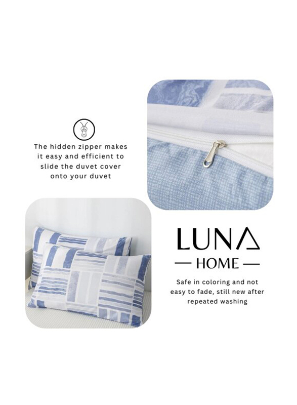 Luna Home 6-Piece Without Filler, Geometric Design Bedding Set, 1 Duvet Cover + 1 Flat Bedsheet + 4 Pillow Covers, Blue, Queen Size