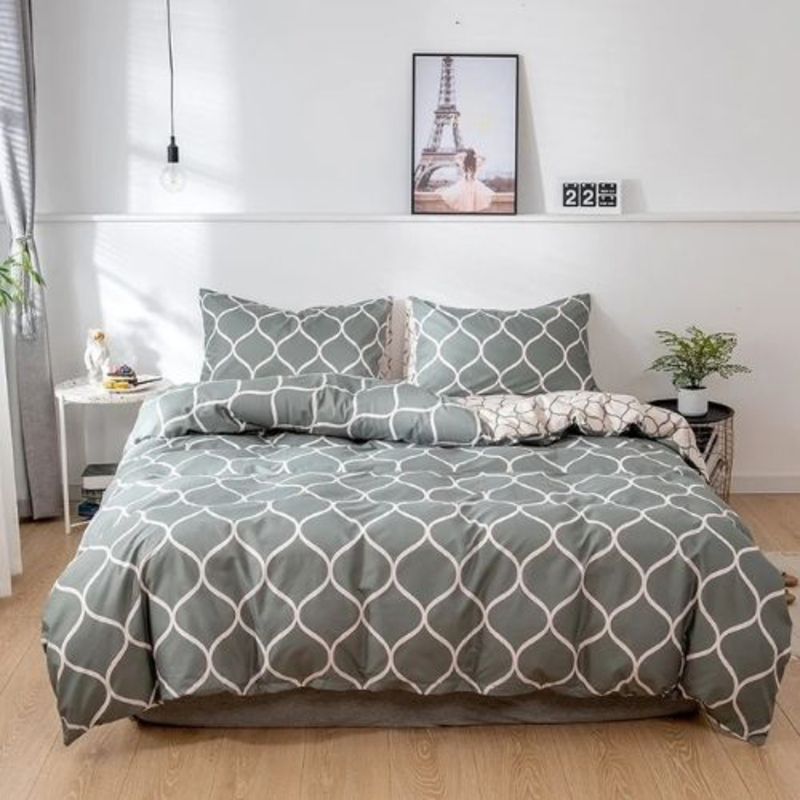 Deals For Less Luna Home 4-Piece Geometric Design Bedding Set without Filler, 1 Duvet Cover + 1 Fitted Sheet + 2 Pillow Cases, Single, Green/Grey