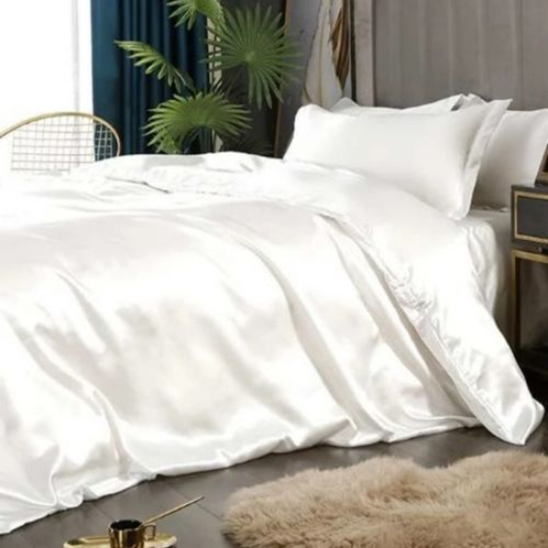 Deals For Less Luna Home 6-Piece Plain Duvet Cover Set, 1 Duvet Cover + 1 Fitted Sheet + 4 Pillow Cases, Silky Satin, King Size, White