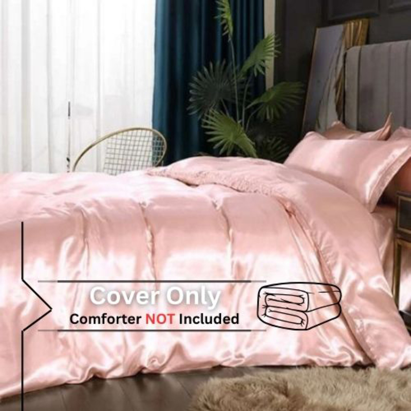 Deals For Less Luna Home 6-Piece Plain Duvet Cover Set, 1 Duvet Cover + 1 Fitted Sheet + 4 Pillow Cases, Silky Satin, King Size, Pink